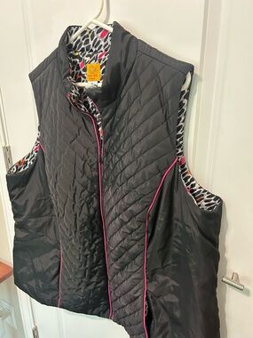 Women ruby red 2 X black Quilted Vest with Pink Trim and Leopard Lining